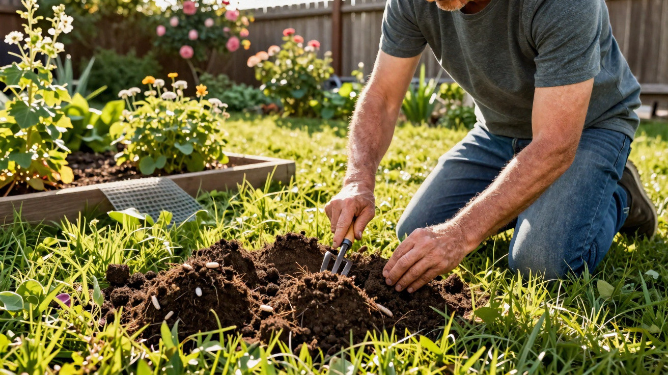 Homem agachado mexendo a terra do jardim com ferramenta pequena em dia ensolarado.