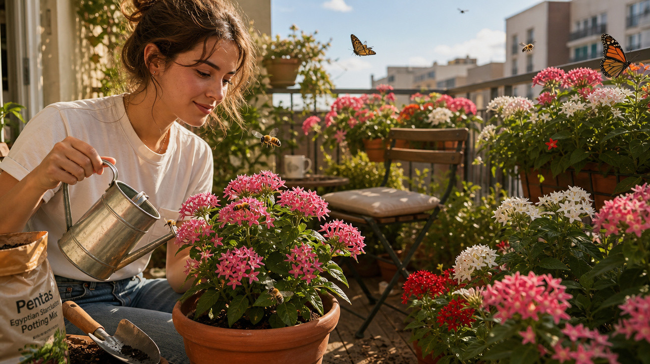 Mulher regando flores rosas em vaso no jardim de varanda ensolarada com borboletas e abelhas.