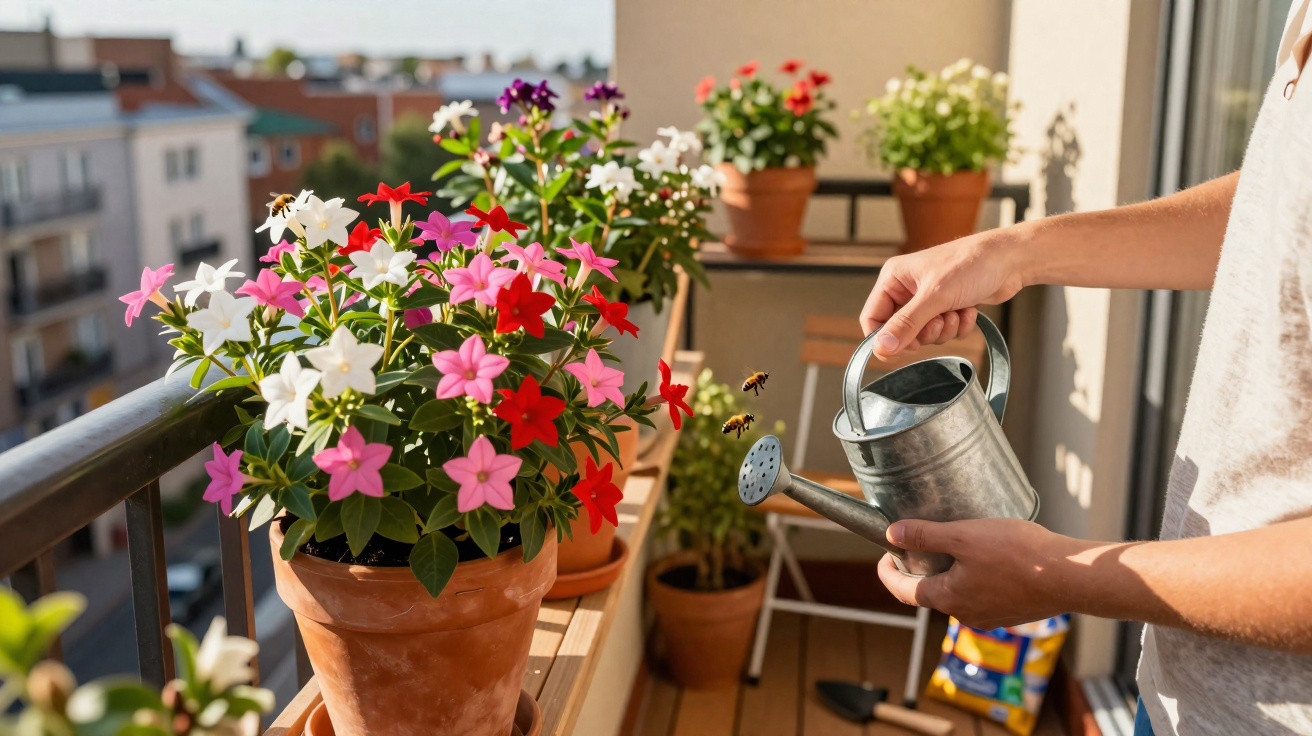 Pessoa regando flores coloridas em vaso no parapeito de varanda ensolarada com abelhas voando.