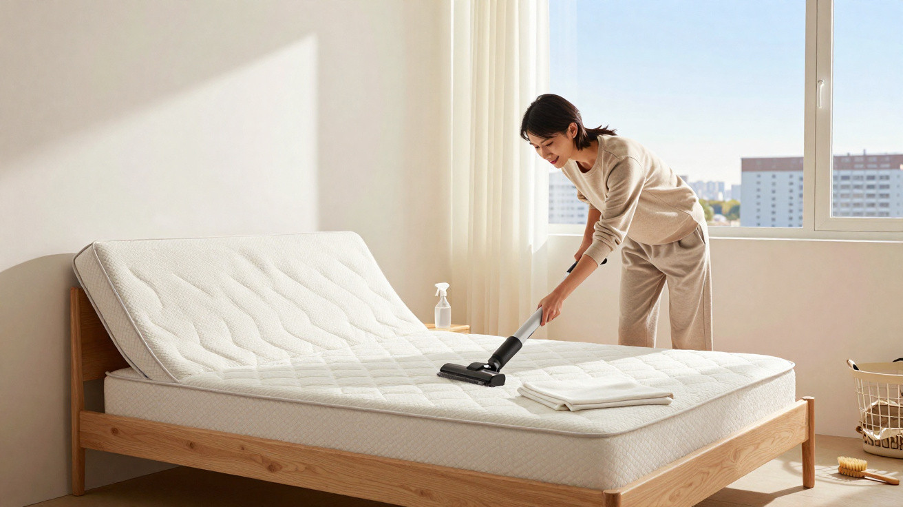Mulher aspirando colchão branco em quarto claro com janela grande e cama de madeira clara.