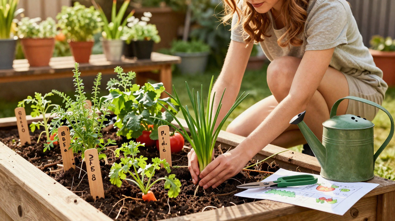 Mulher cuidando de plantas em horta elevada, com regador e ferramentas ao lado, em ambiente externo ensolarado.