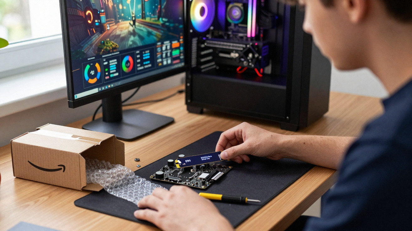 Pessoa instalando um componente de computador na mesa com monitor ligado e caixa da Amazon aberta ao lado.