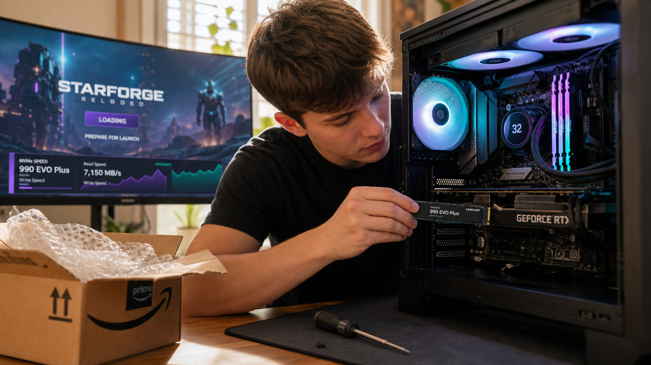 Jovem instalando SSD 990 EVO Plus em computador gamer com GPU GeForce RTX e jogo Starforge no monitor.
