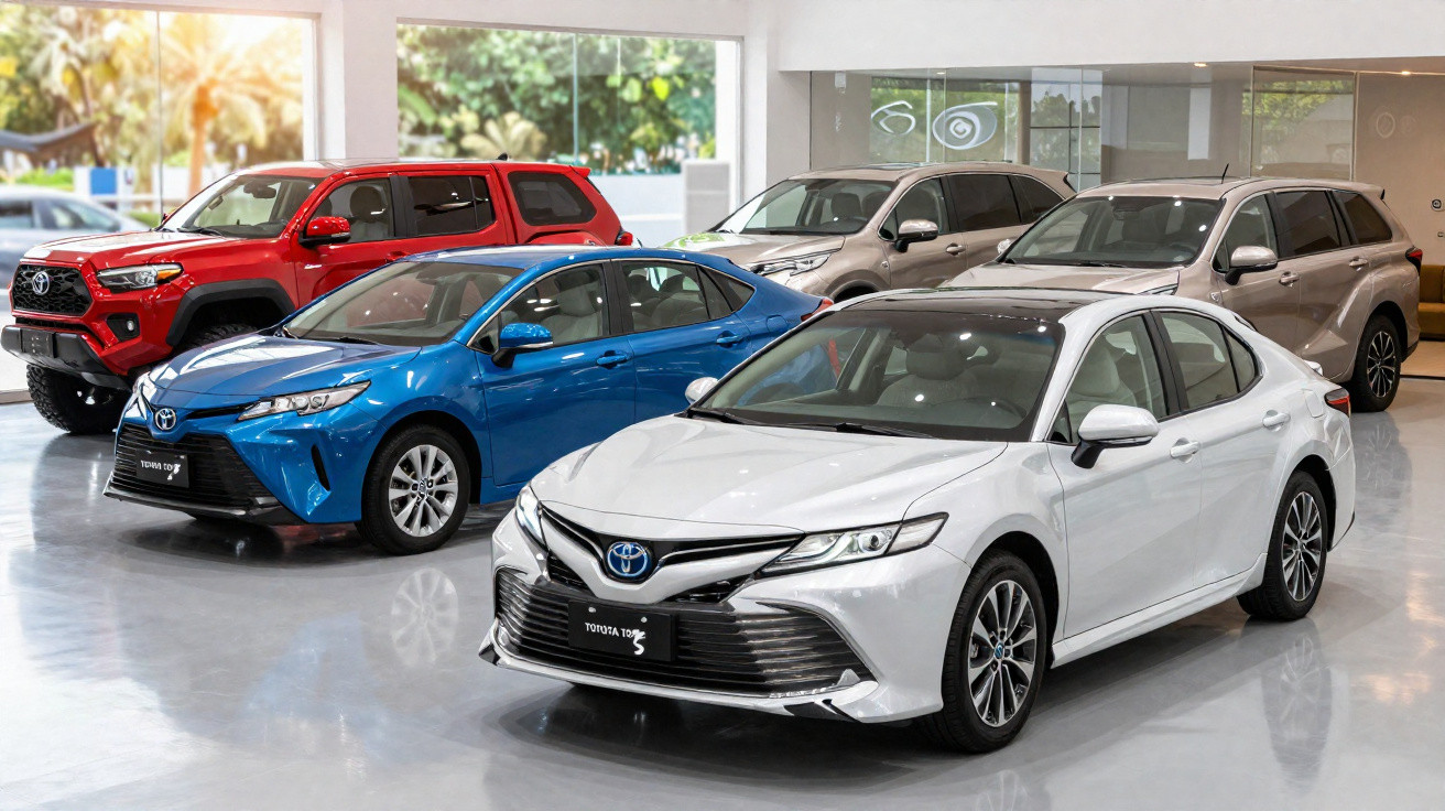 Concessionária com cinco carros Toyota expostos: sedãs branco e azul, SUVs bege, prateado e vermelho.