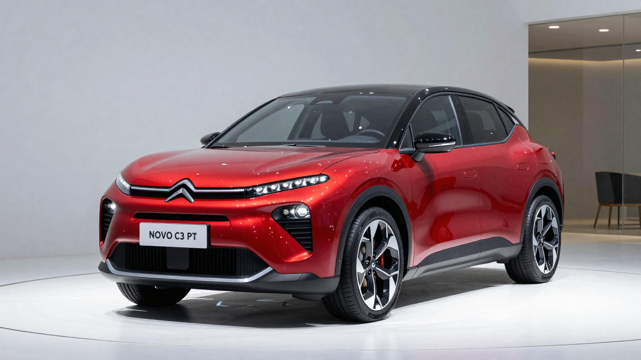 Carro vermelho Citroën Novo C3 PT exibido em estande com teto preto e rodas esportivas.
