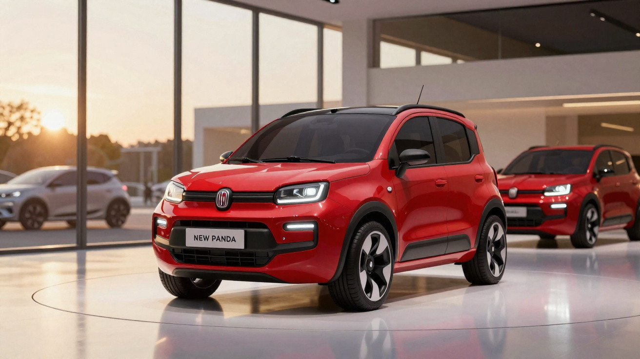 Carro Fiat New Panda vermelho exposto em showroom moderno com iluminação natural ao entardecer.