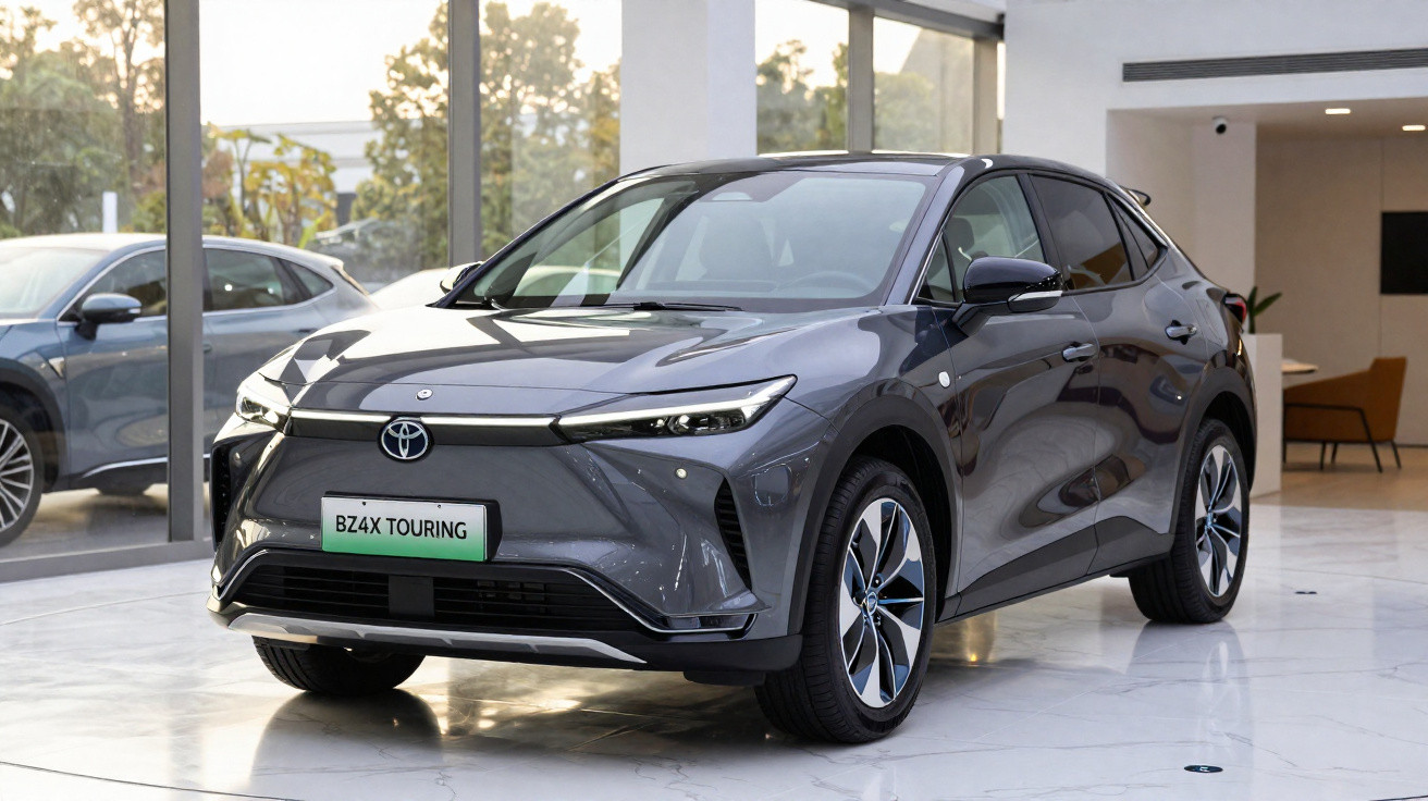 SUV elétrico Toyota BZ4X Touring cinza exposto em showroom moderno com piso de mármore claro.