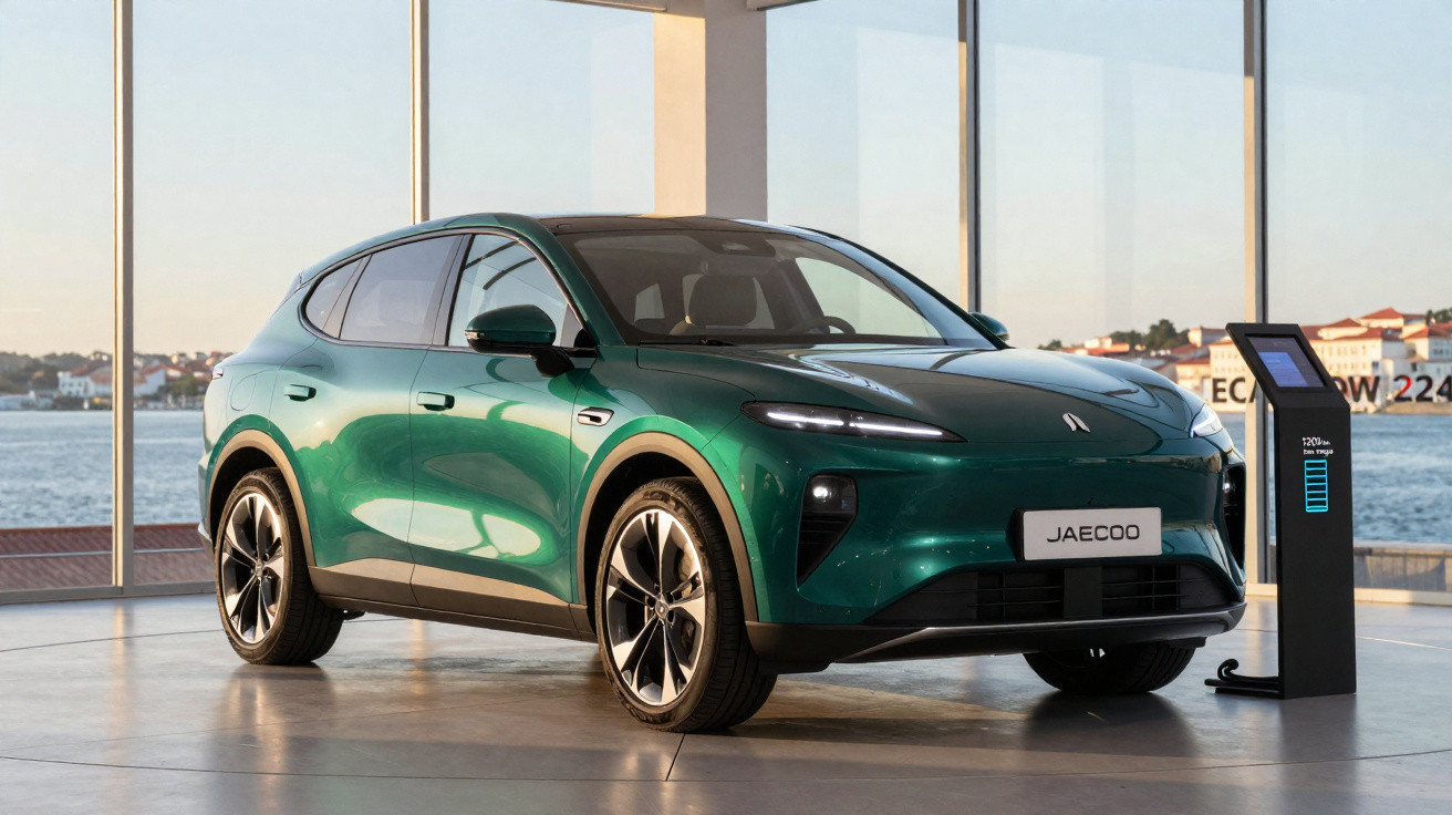Carro elétrico verde JAECOO estacionado em showroom moderno com vista para o rio e estação de carregamento.