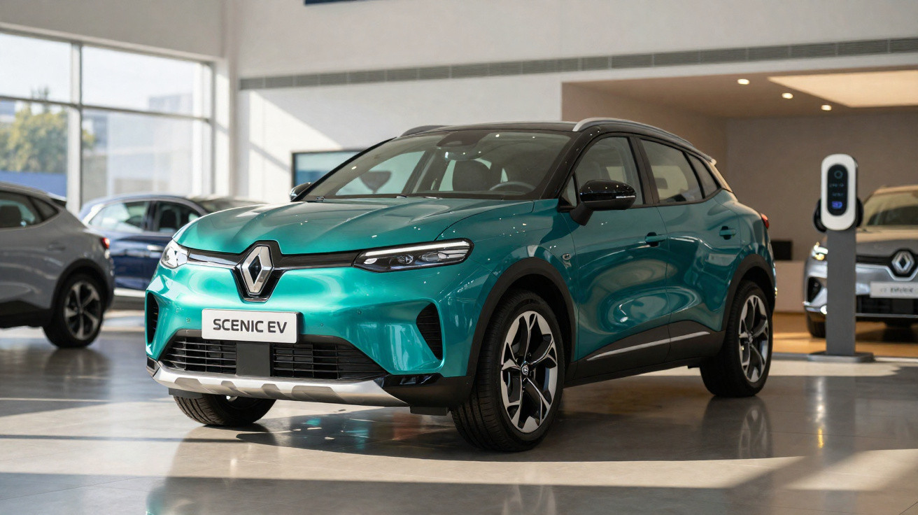 Carro elétrico Renault Scenic EV verde exposto em showroom moderno com carregador ao fundo.