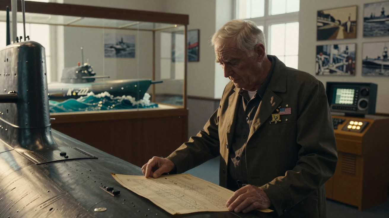 Homem idoso analisando planta de submarino em sala com maquetes e fotos de navios.