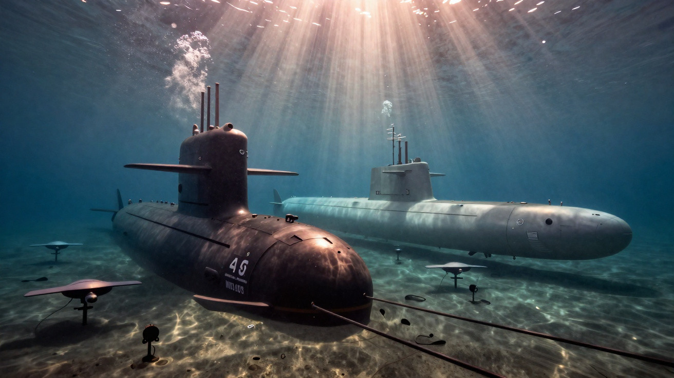 Dois submarinos militares submersos com raios de sol penetrando a água na superfície do mar.