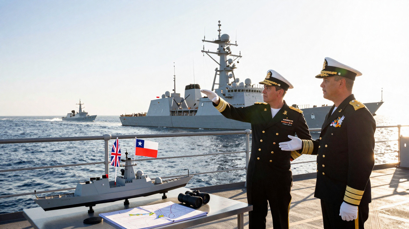Dois oficiais navais em convés observado modelos de navios e mapa com binóculo ao fundo mar com navios reais.