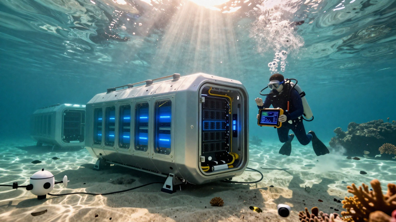 Mergulhador com equipamento segurando tablet perto de módulo submarino tecnológico no fundo do mar.