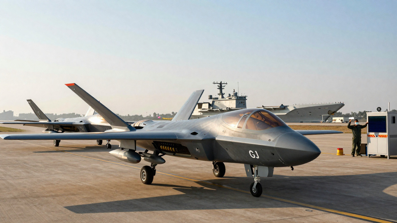 Aeronaves militares modernas em pista de aeroporto com navio de guerra ao fundo e pessoal ao lado.