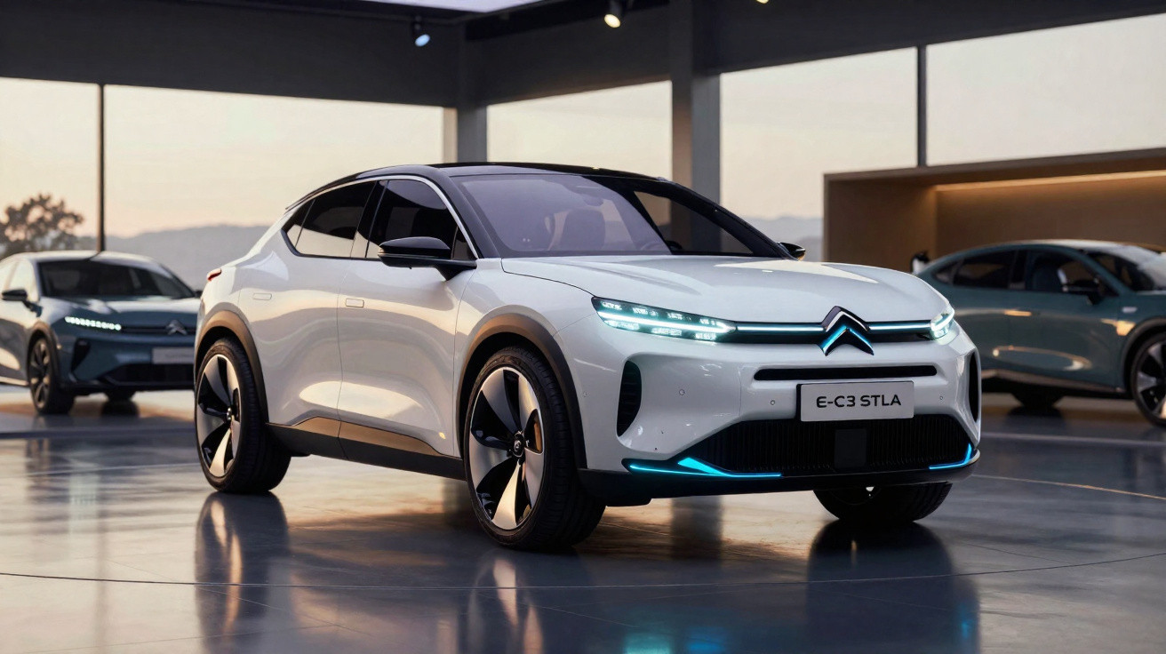 Carro elétrico Citroën E-C3 STLA branco em ambiente interno moderno, com iluminação azul em destaque.