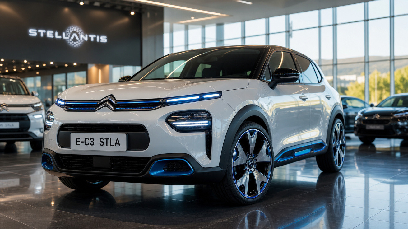 Carro elétrico branco Citroën E-C3 STLA em exposição na concessionária Stellantis com iluminação moderna.
