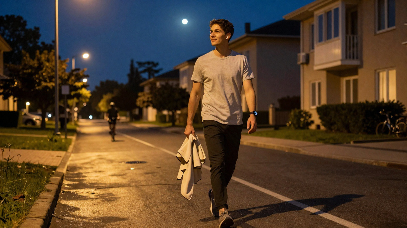 Jovem caminhando à noite em rua residencial, segurando um casaco e com a lua ao fundo.