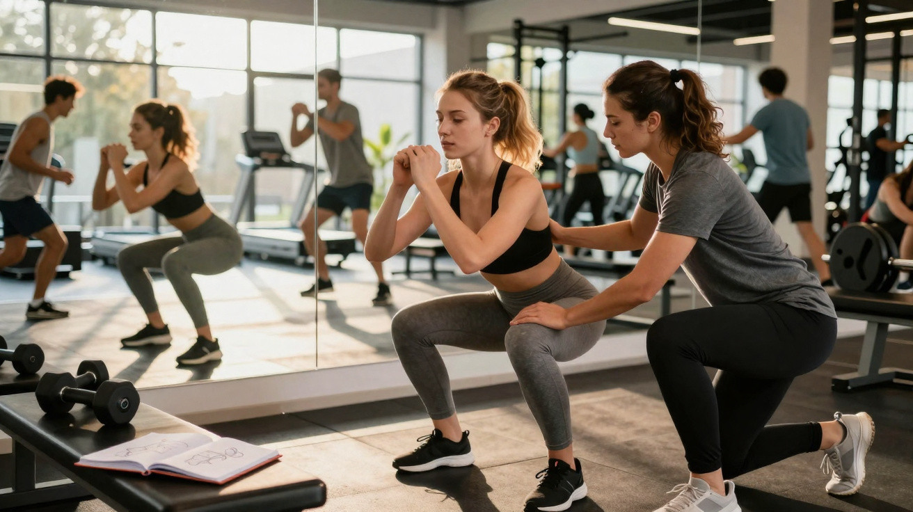Personal trainer auxiliando aluna em exercício de agachamento na academia.