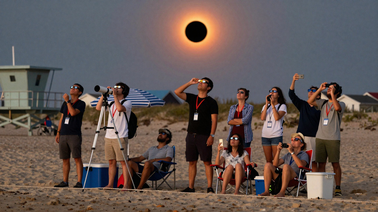 Pessoas na praia observando eclipse solar total com óculos especiais ao entardecer.