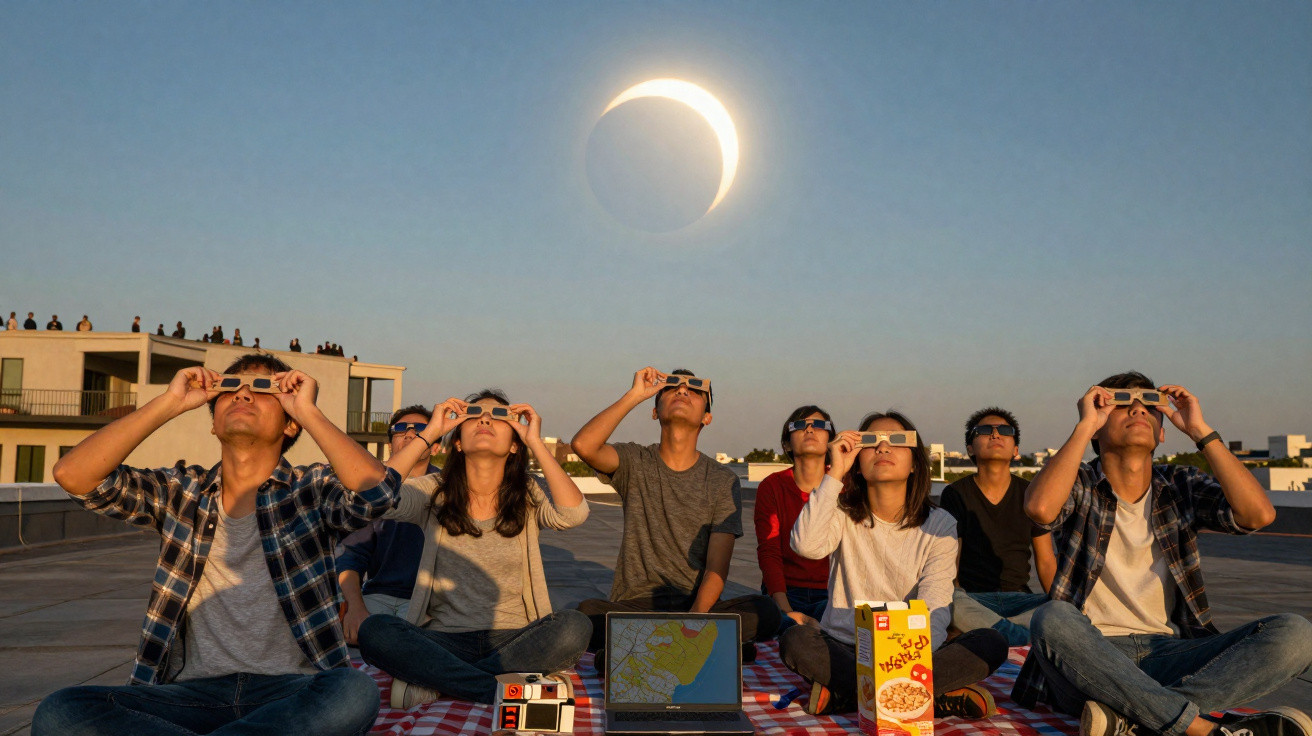 Grupo de pessoas sentadas em um telhado observando eclipse solar com óculos especiais ao entardecer.