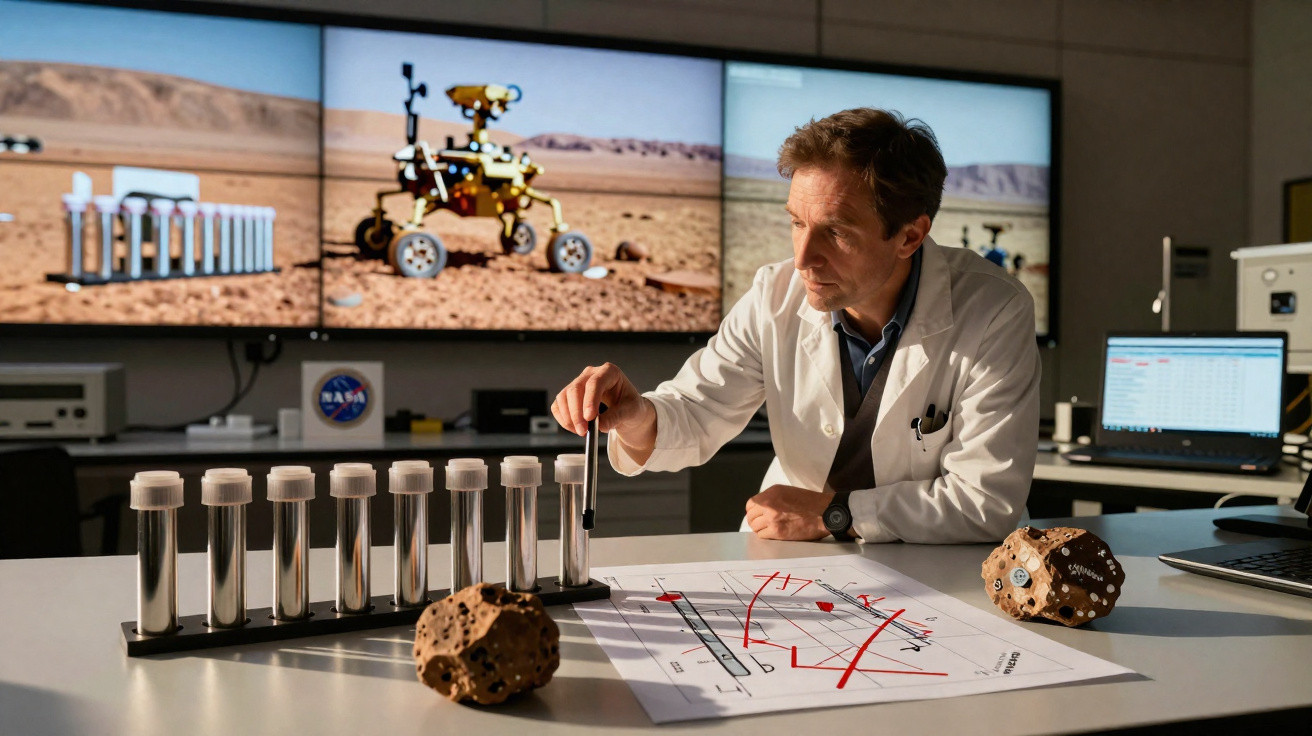 Cientista em laboratório analisando amostras com imagens de rover em Marte ao fundo.