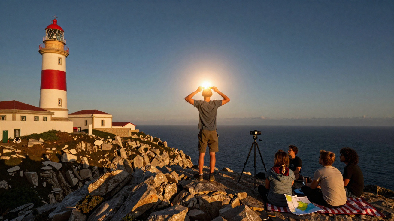 Farol com faixa vermelha à esquerda e pessoas observando o pôr do sol no topo de penhasco rochoso à direita.