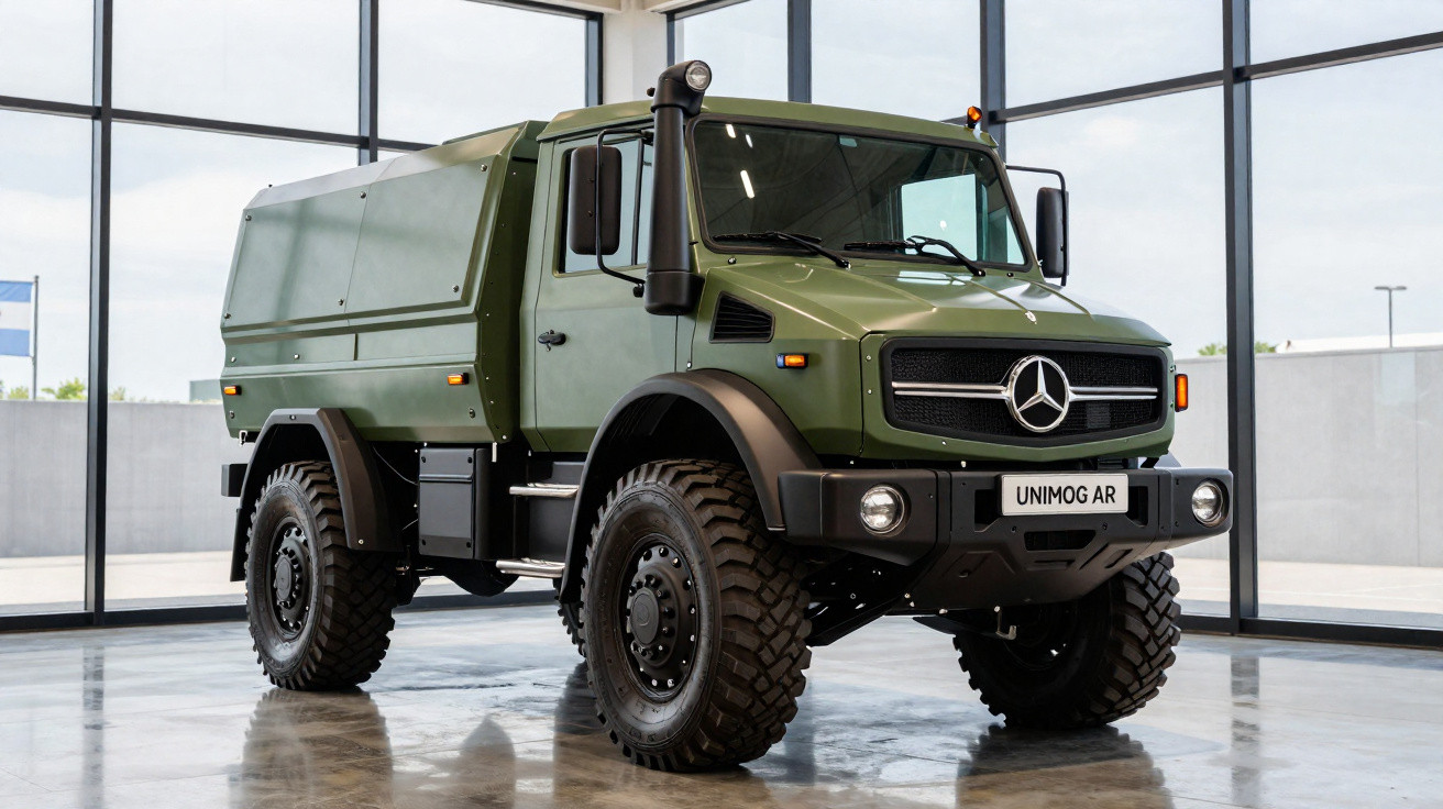 Caminhão verde militar Mercedes-Benz Unimog AR em ambiente interno com piso refletivo e janelas grandes.