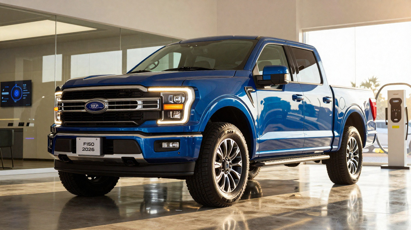 Picape Ford F-150 2026 azul estacionada em showroom moderno com carregador elétrico ao fundo.