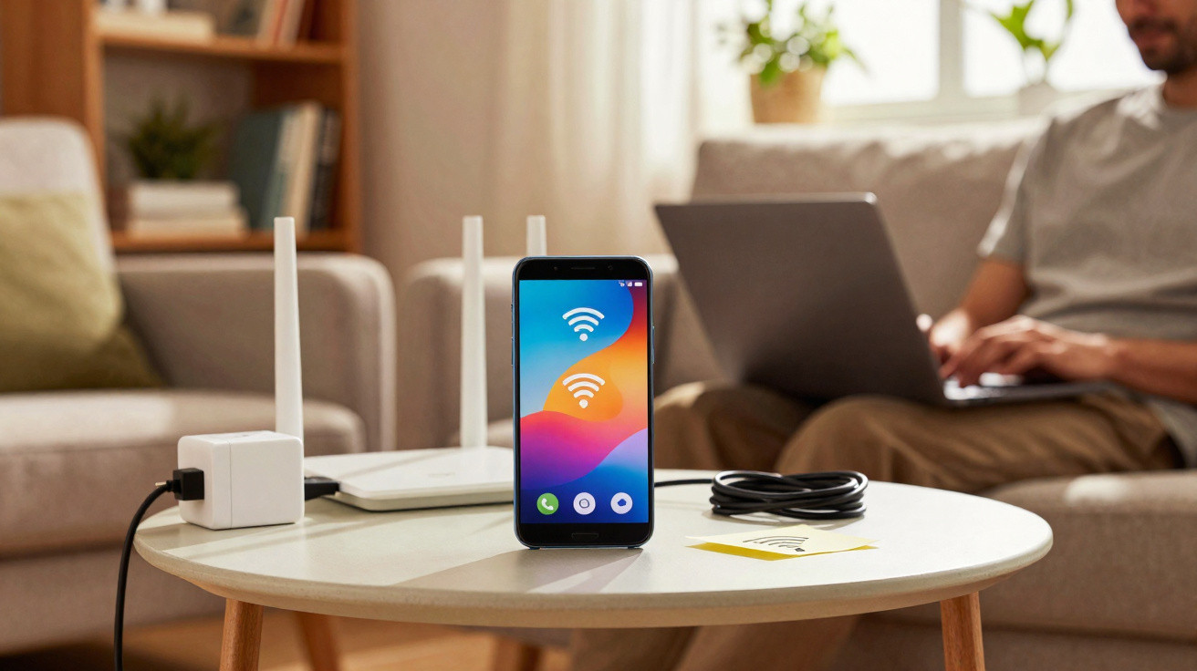 Smartphone com ícones de Wi-Fi na tela em mesa, perto de roteador, cabo e pessoa usando laptop no sofá.