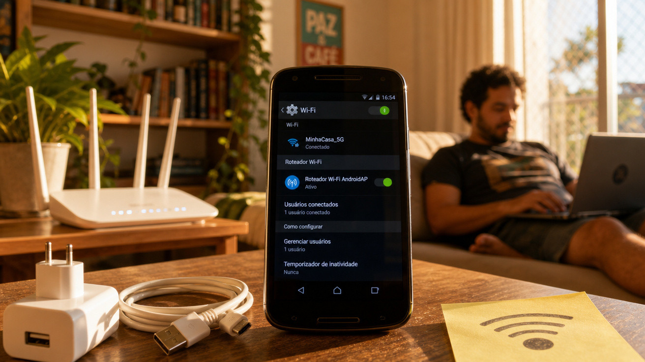 Smartphone na mesa mostrando conexão Wi-Fi com roteador AndroidAP ativo, homem usando notebook ao fundo.