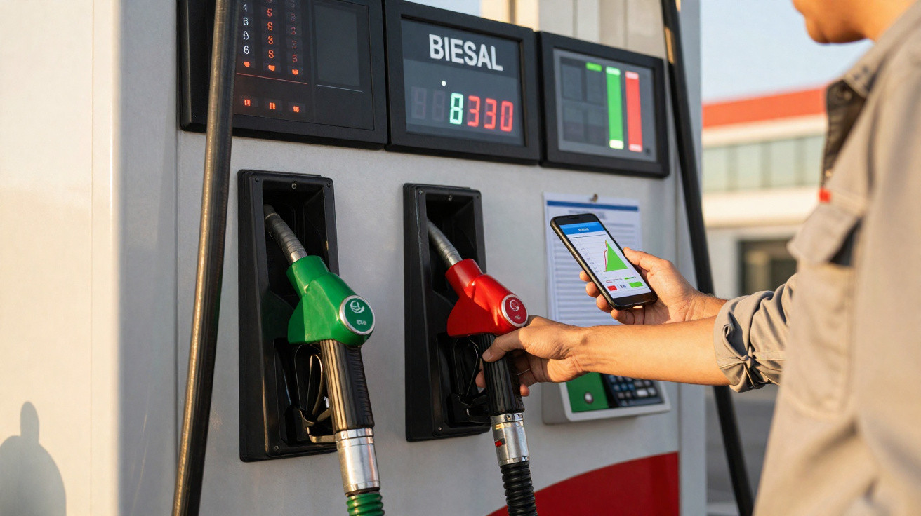 Pessoa segurando celular e bico de combustível vermelho em bomba de gasolina em posto.