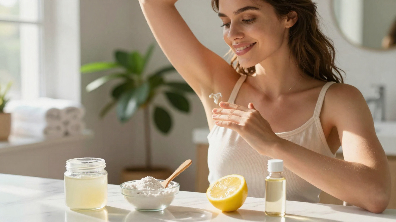 Mulher aplicando creme natural na axila, com ingredientes caseiros sobre a mesa, em ambiente iluminado.