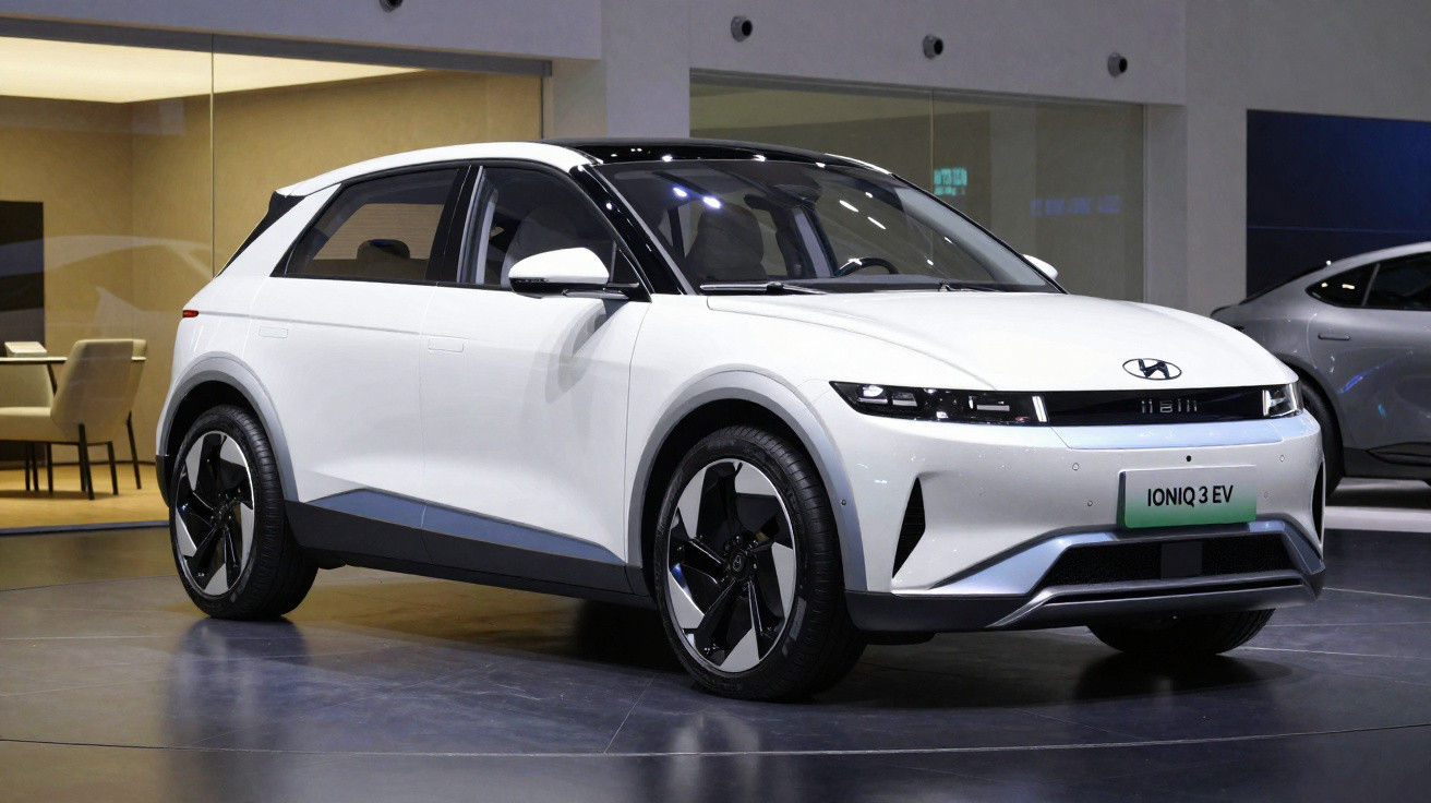 Carro elétrico Hyundai Ioniq 3 EV branco em exposição em ambiente interno moderno.