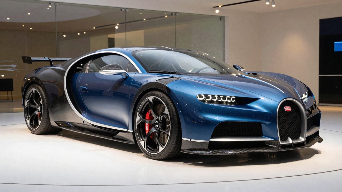 Carro esportivo Bugatti Chiron azul metálico exibido em showroom com iluminação suave e fundo minimalista.