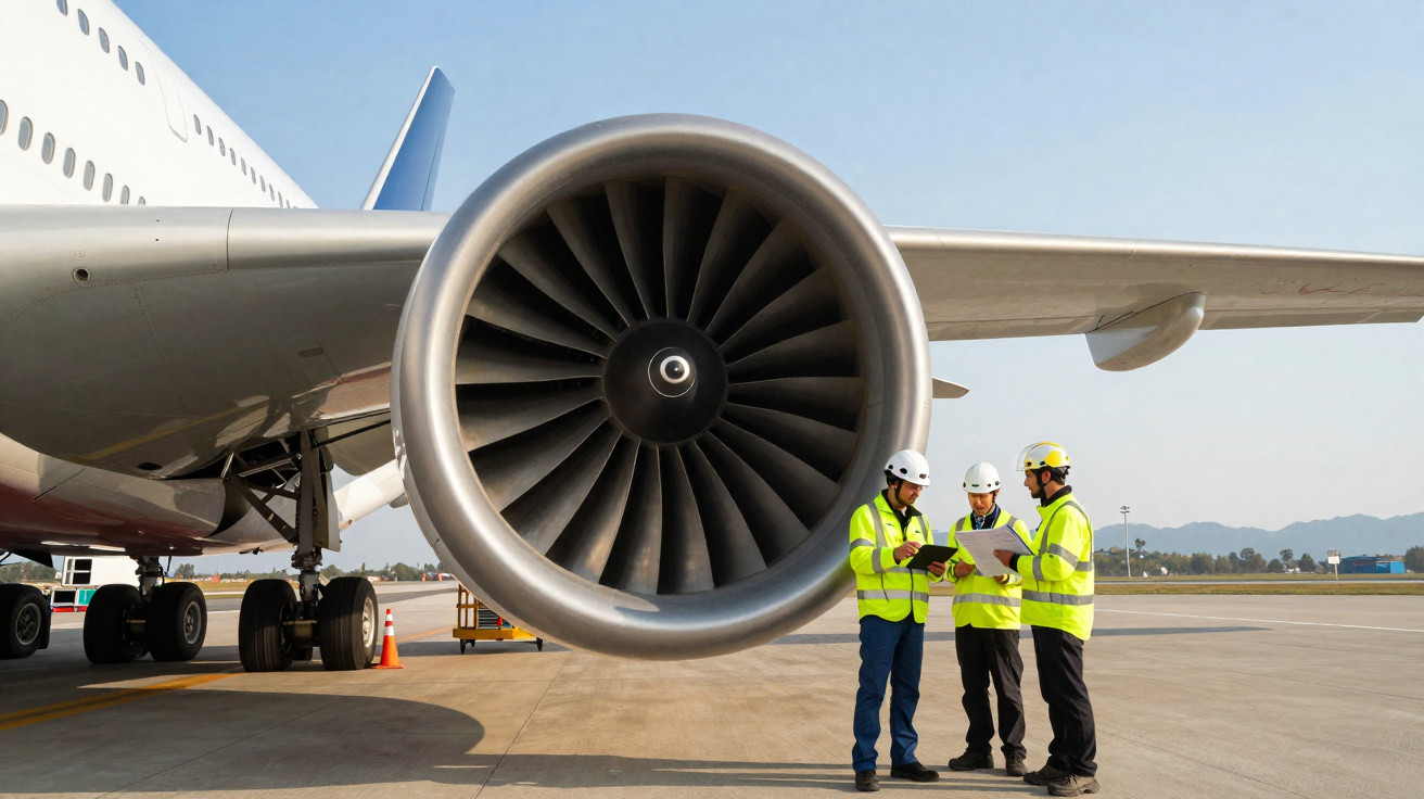 Três técnicos com coletes e capacetes discutem ao lado de grande motor de avião na pista.