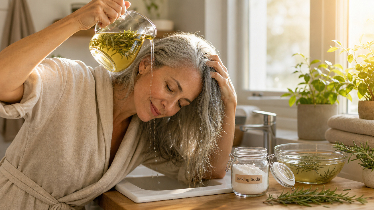 Mulher madura derramando infusão de ervas no cabelo em cozinha iluminada e ambiente natural.