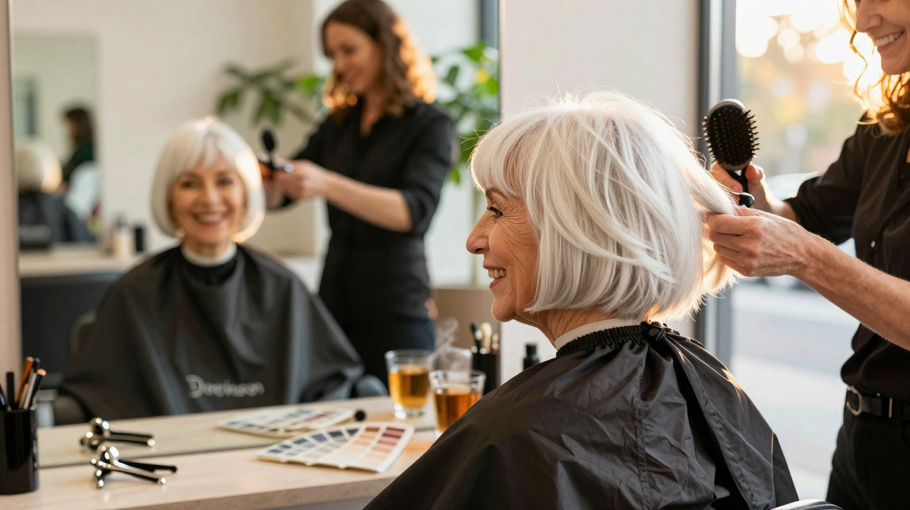 Mulher idosa com cabelo branco sendo penteada em salão de beleza, sorrindo para o espelho.