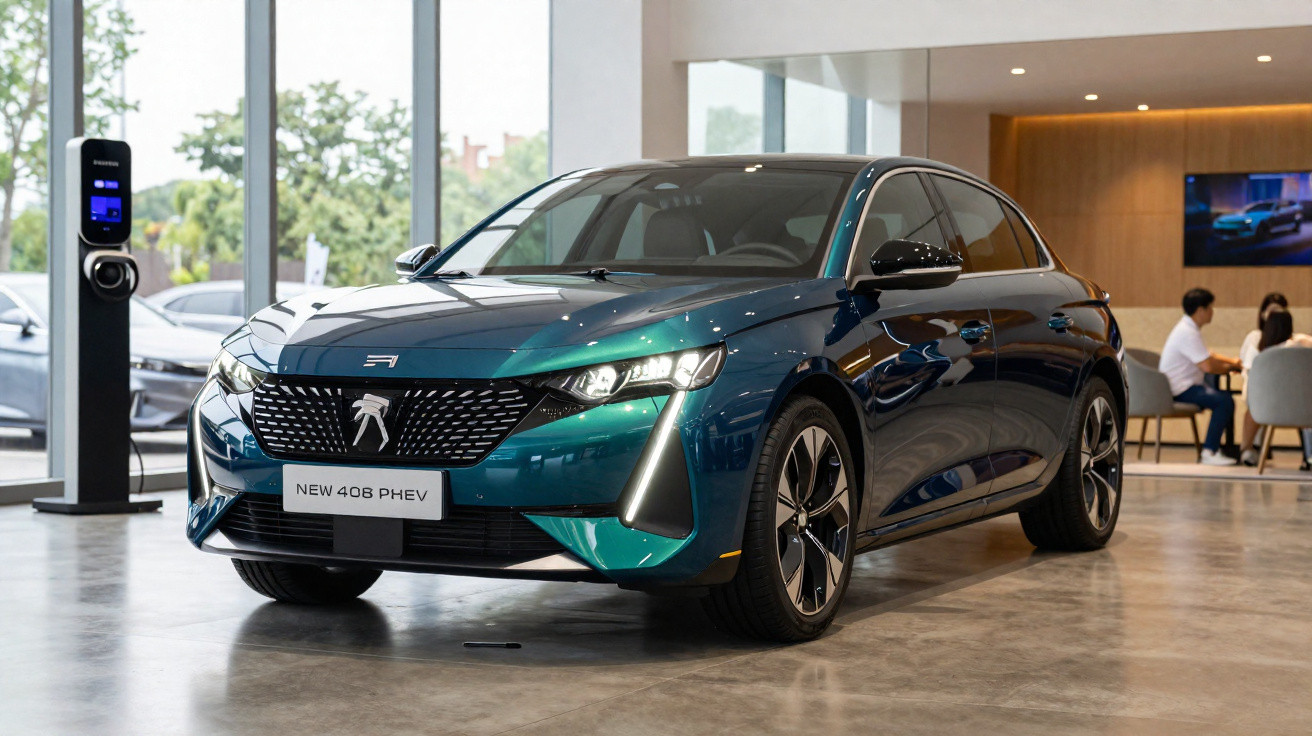 Carro elétrico Peugeot 408 PHEV azul exposto em showroom moderno com pessoas ao fundo.