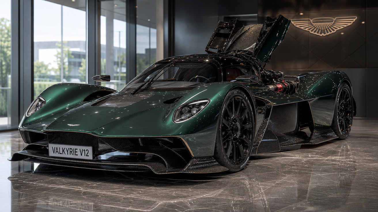 Carro esportivo Aston Martin Valkyrie V12 verde com portas abertas em showroom moderno.