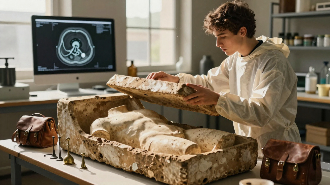 Jovem abre molde de gesso com escultura anatômica em laboratório com tomografia no computador.