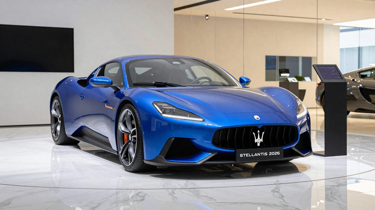 Carro esportivo azul Maserati Stellantis 2026 em showroom moderno com piso branco brilhante.