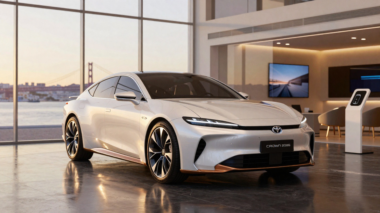 Carro elétrico Toyota Crown 2023 branco exibido em showroom moderno com grande janela e vista para ponte.