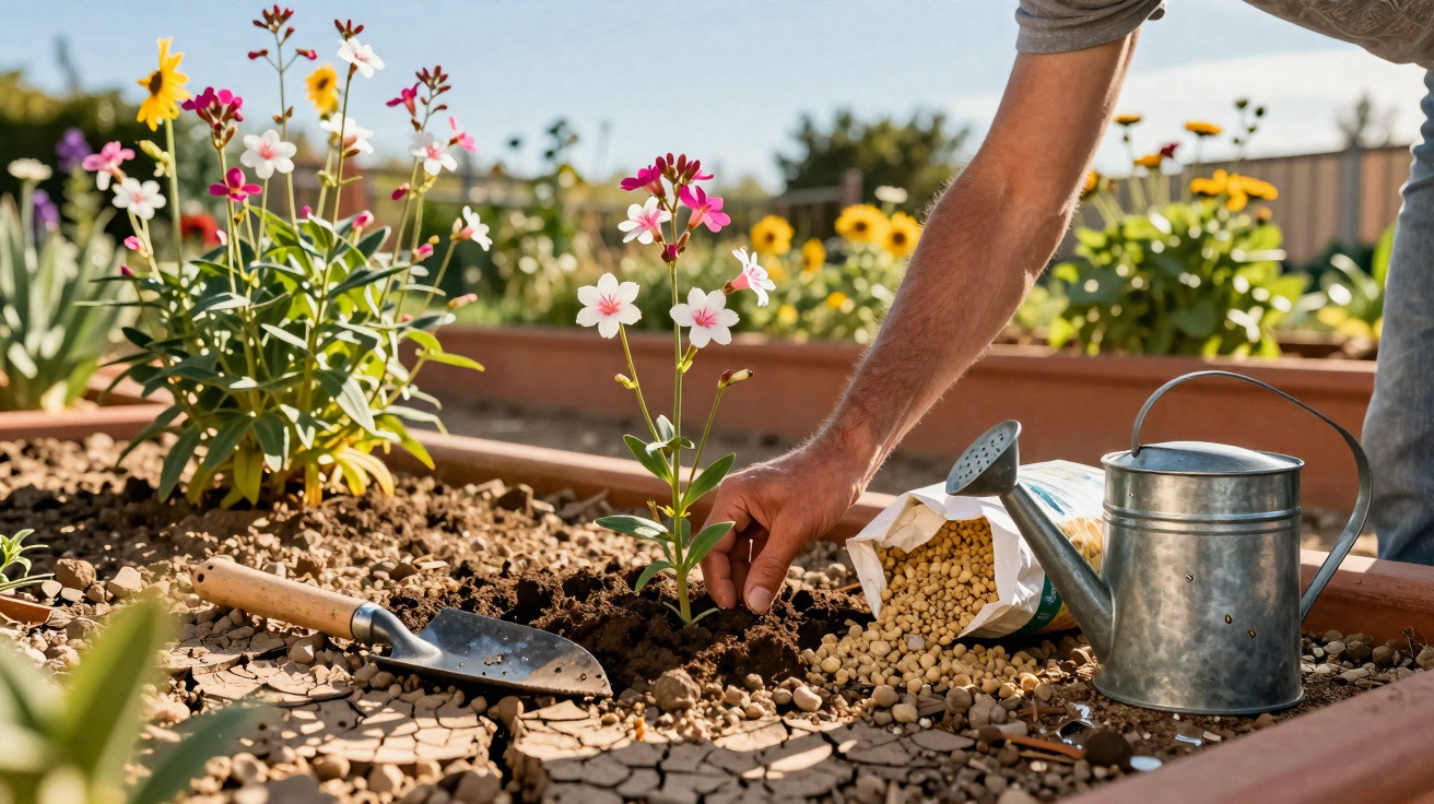 Pessoa plantando flores em canteiro com regador, sementes e pá de jardinagem ao lado.