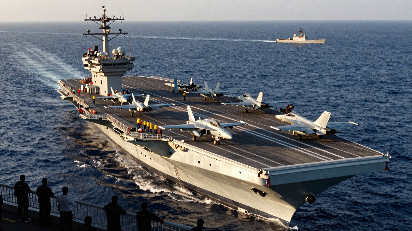 Porta-aviões com aviões de combate no convés navegando no mar, com pessoas observando na embarcação próxima.