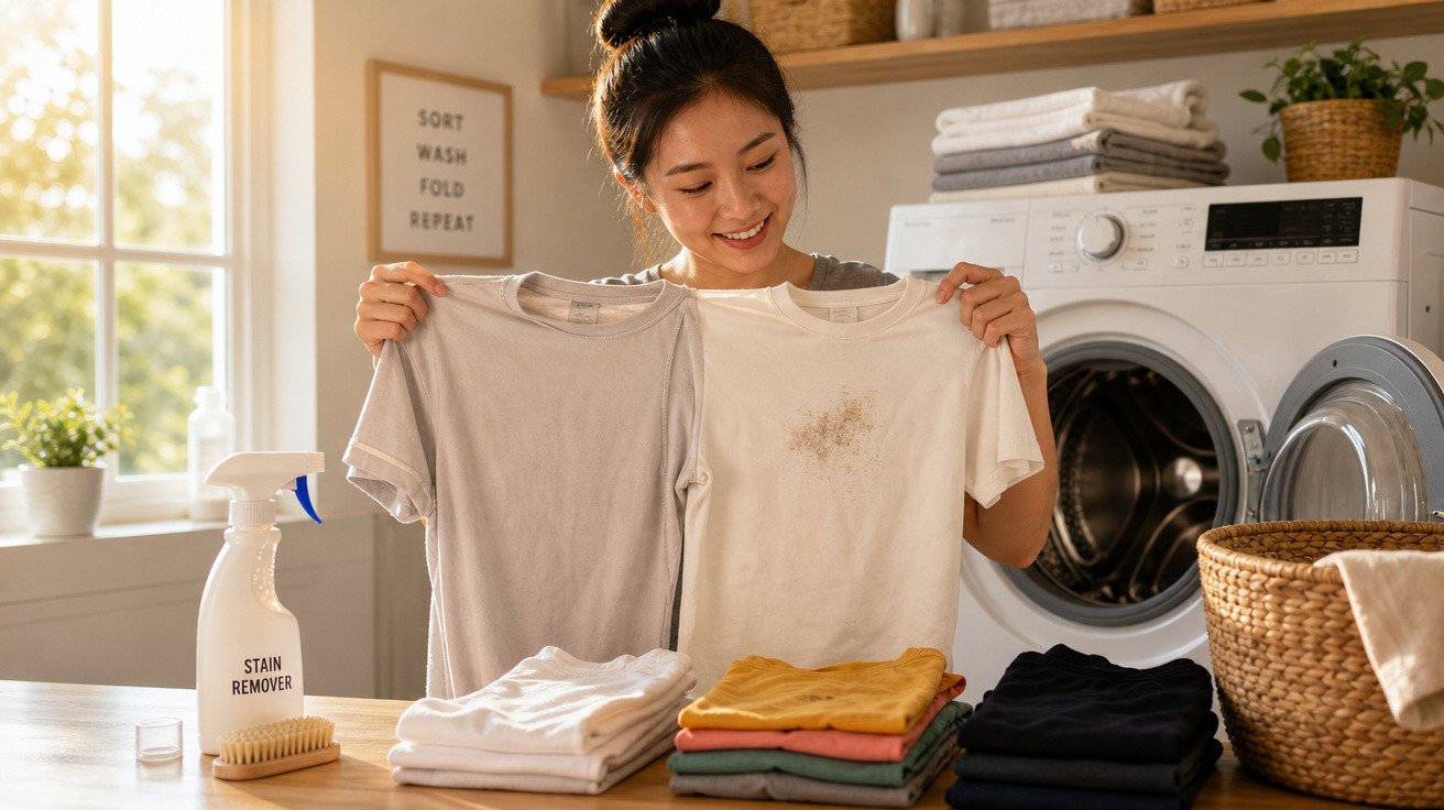 Mulher sorrindo segurando camiseta limpa e manchada em lavanderia com máquina e produto removedor de manchas.