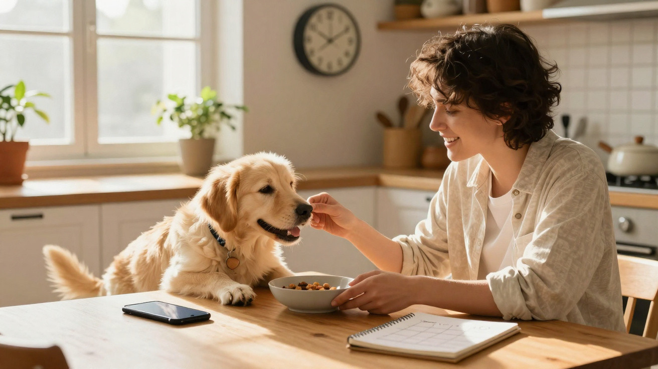 Mulher sorrindo alimenta cachorro Golden Retriever na cozinha, com celular e caderno sobre a mesa.