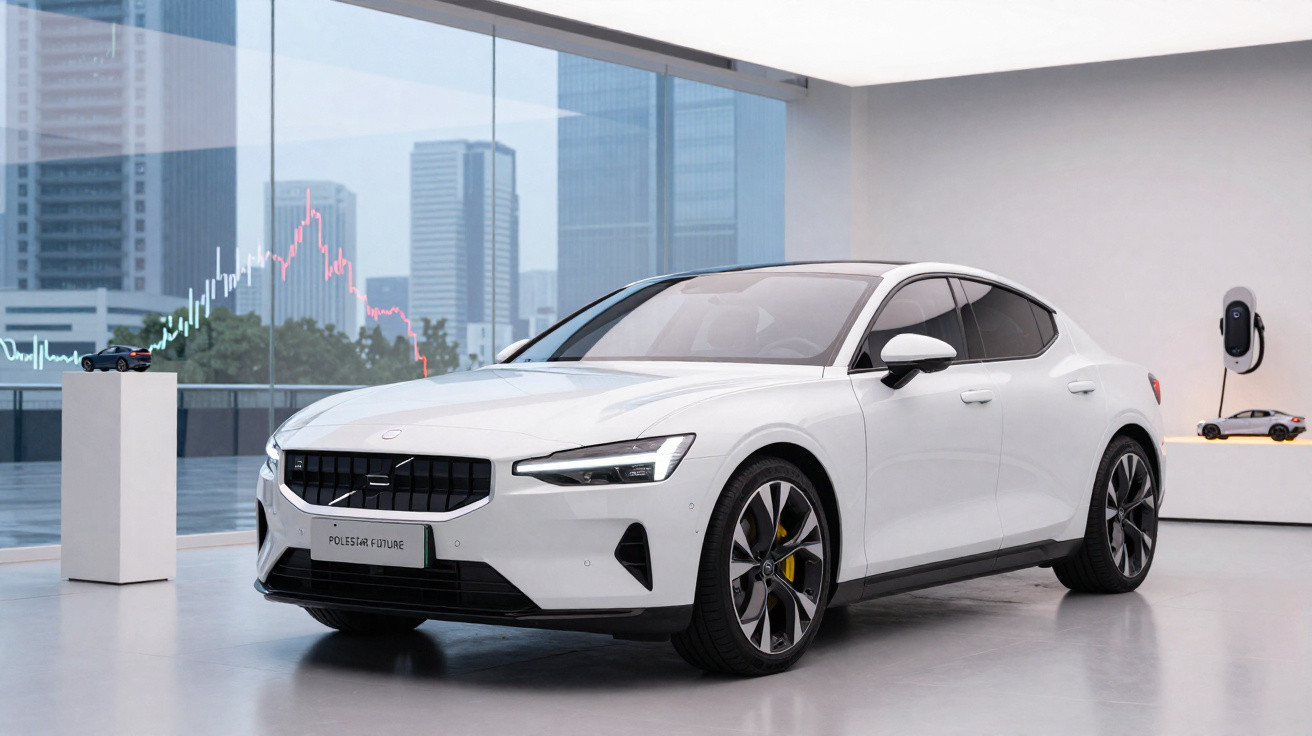 Carro elétrico branco Polestar 2 em exposição moderna com paredes de vidro e prédios ao fundo.