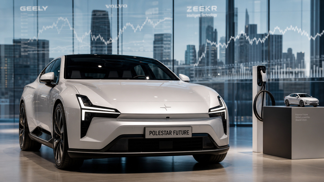 Carro elétrico branco Polestar Future em showroom moderno com gráficos e prédios ao fundo.