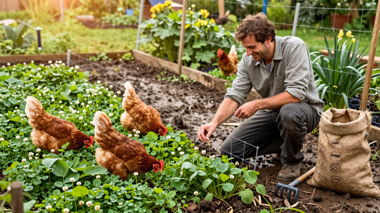 Homem cuidando da horta enquanto galinhas buscam alimento entre plantas e flores verdes.
