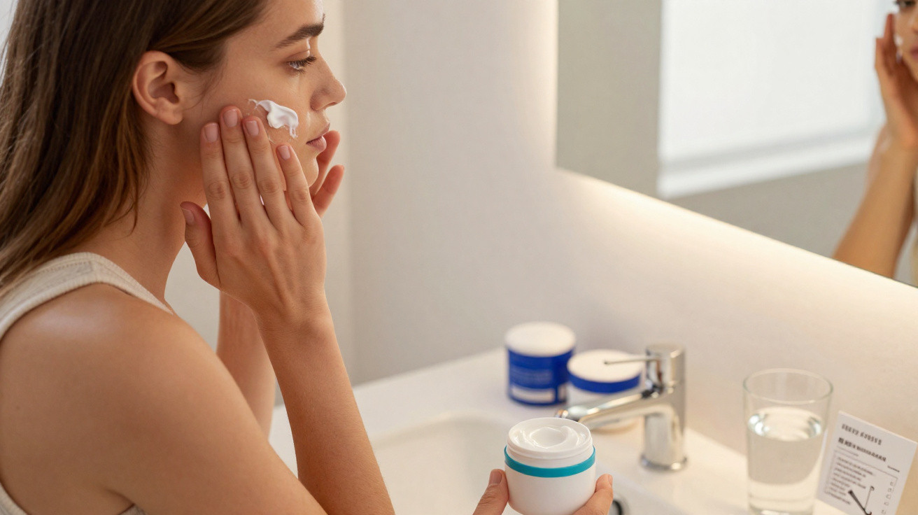 Mulher aplicando creme facial branca no rosto em banheiro com espelho e pia branca.